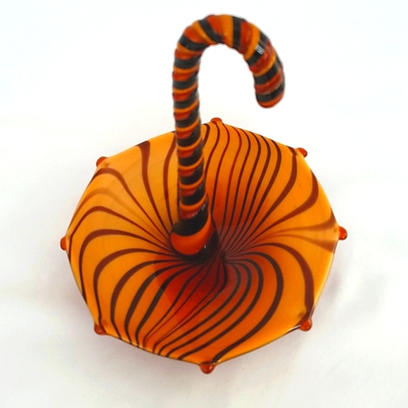 Amber Caramel Color Spiral Pattern Umbrella Mouth Blown Block Crystal Candy Dish - Picture 1 of 6